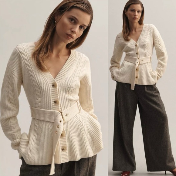 Maeve Sweaters - Anthropologie Maeve Cream Cableknit Peplum Belted Cardigan Cozy Career Classic M